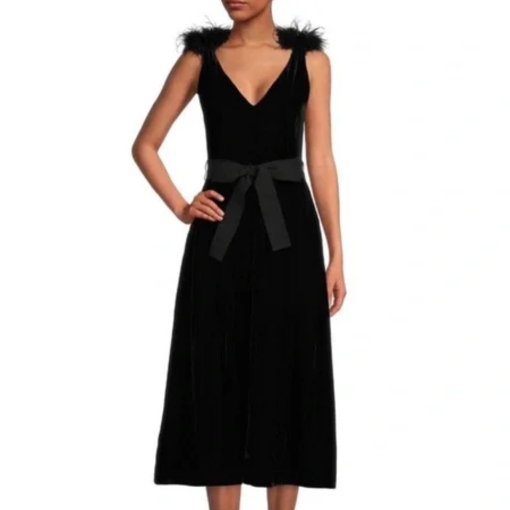 Sleeveless Black Midi Dress with Feather Trim and Waist Tie